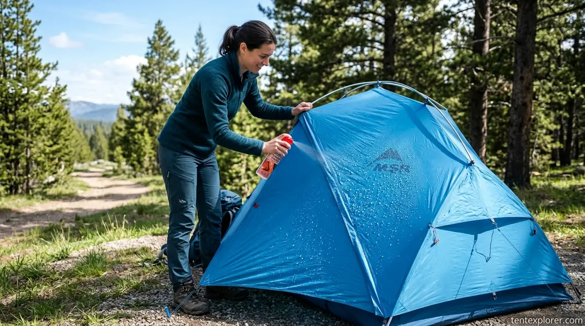 Applying waterproofing spray to a clean tent to restore water repellency