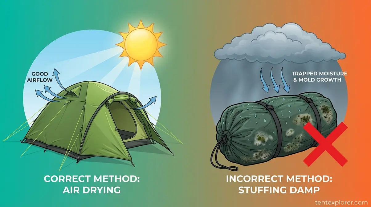illustration showing correct tent drying method — fully pitched in airflow vs incorrect compressed storage