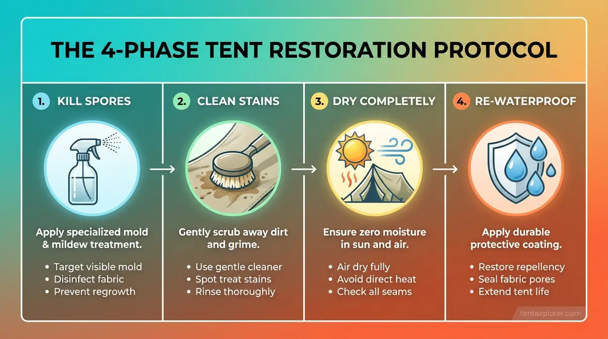 diagram showing four steps to remove mould from a tent: kill spores, clean stains, dry completely, re-waterproof