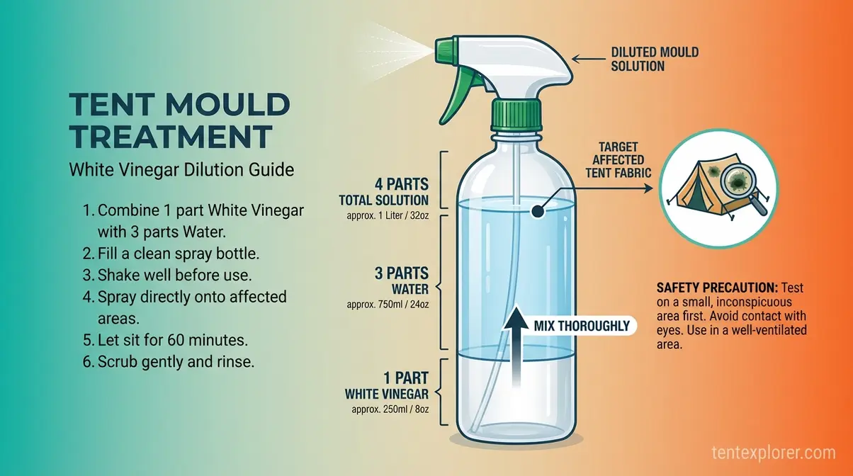 infographic showing 1-part vinegar to 3-parts water ratio for removing mould from a tent