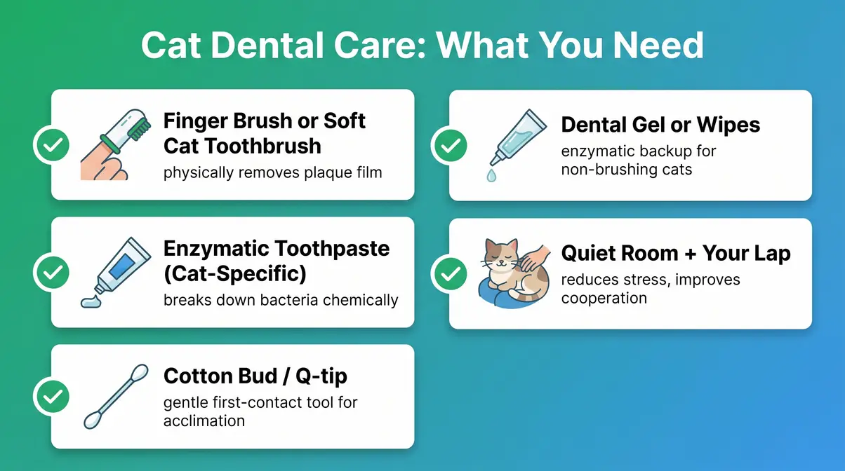 Illustrated checklist of five cat dental care supplies including finger brush enzymatic toothpaste cotton buds dental gel and calm environment
