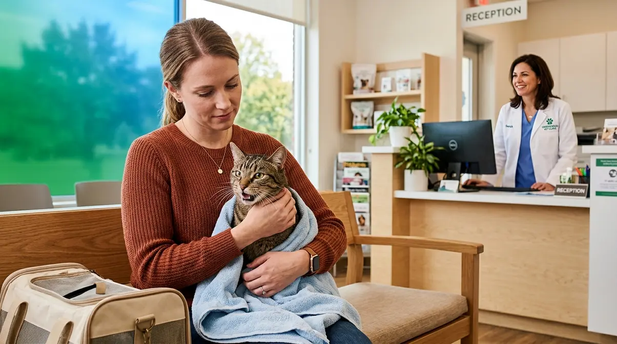 Cat owner holding tabby cat in veterinary clinic when home plaque removal is no longer sufficient