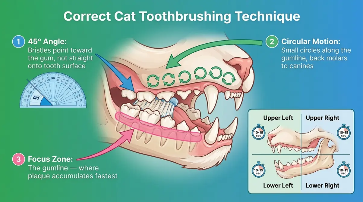 Diagram showing how to remove plaque from cat teeth using circular brush motions at a forty-five degree angle along the gumline
