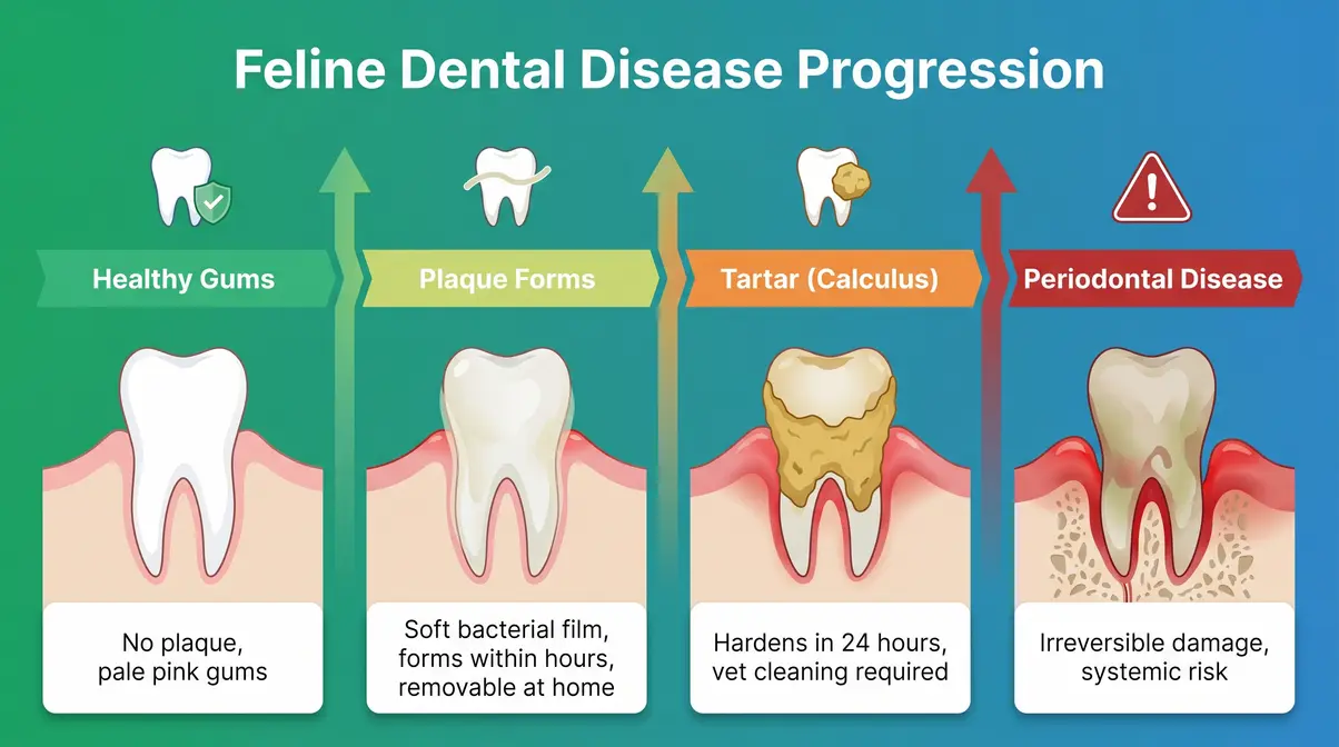 Infographic showing four stages of feline dental disease from healthy gums to advanced periodontitis with plaque and tartar