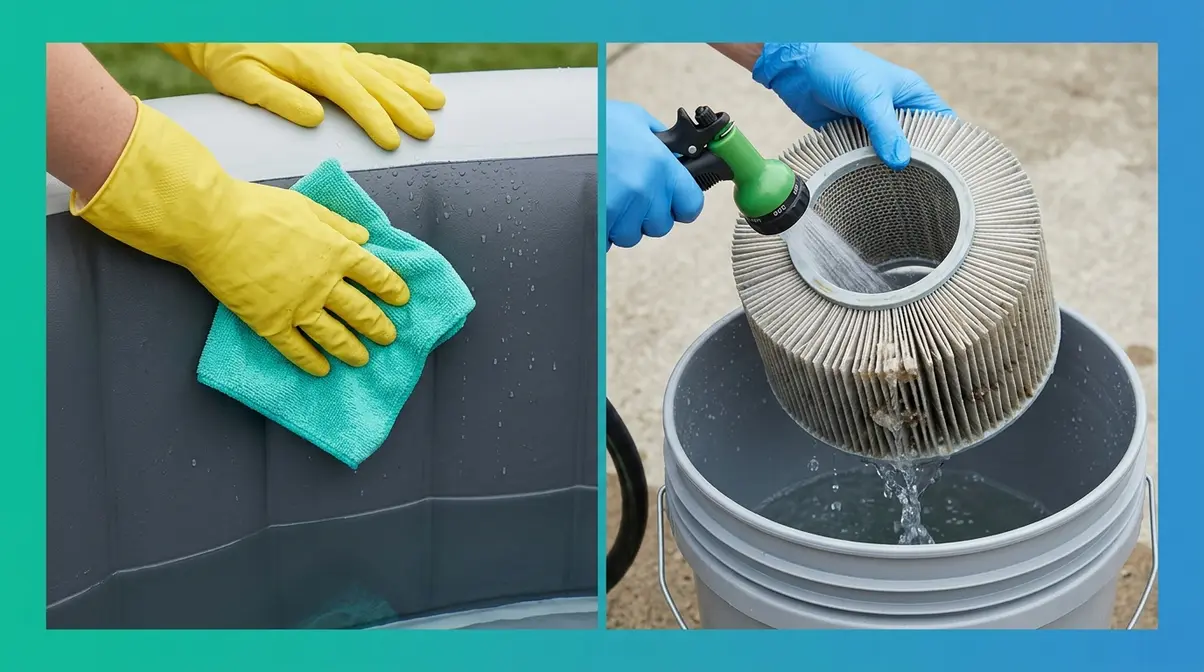 How to Remove Stains from Inflatable Hot Tub (2026) 5 Cleaning inflatable hot tub liner with microfiber cloth and rinsing filter cartridge under hose
