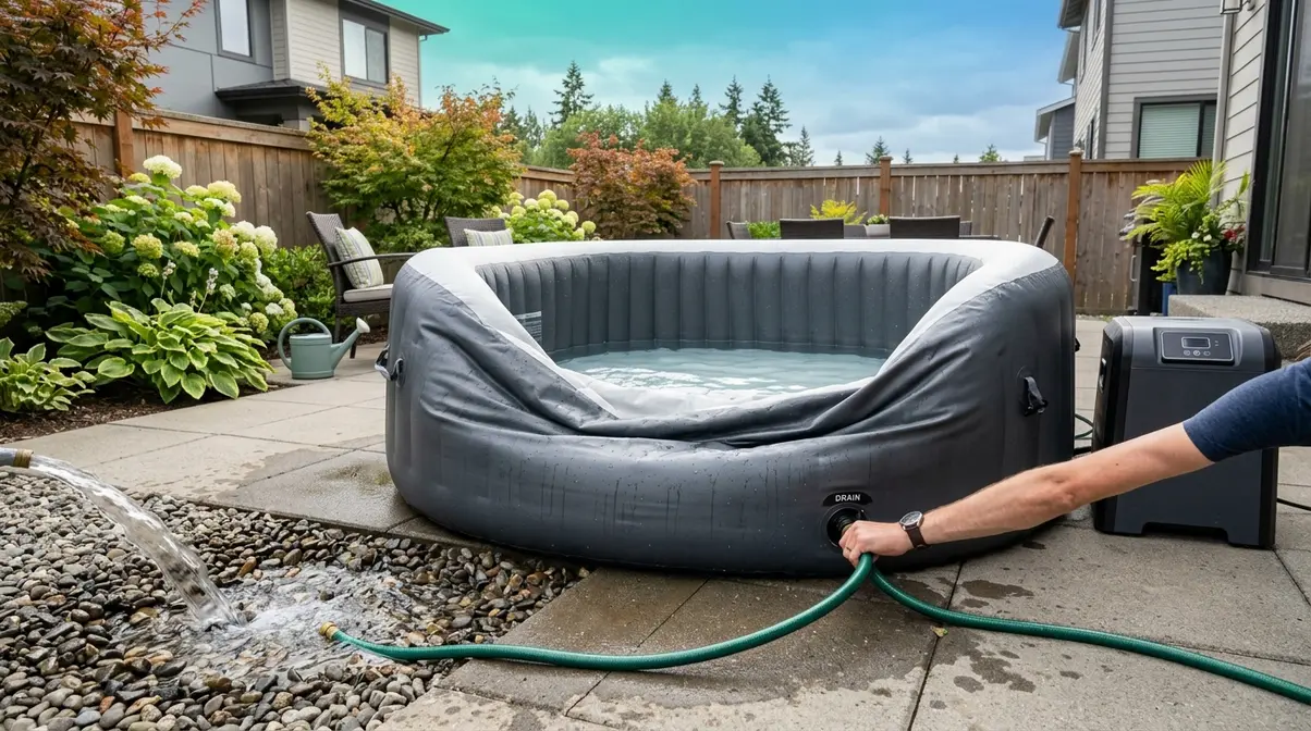 How to Remove Stains from Inflatable Hot Tub (2026) 2 Draining an inflatable hot tub safely using garden hose attached to drain valve