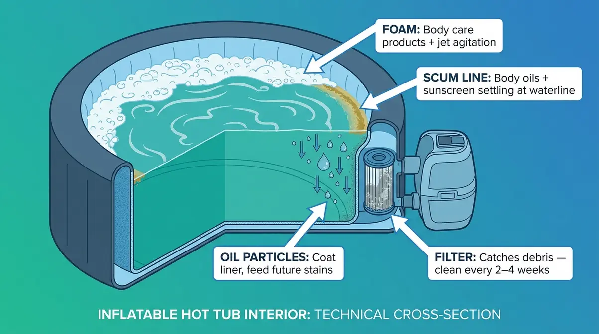 How to Remove Stains from Inflatable Hot Tub (2026) 8 Diagram explaining why foam and scum lines form in an inflatable hot tub