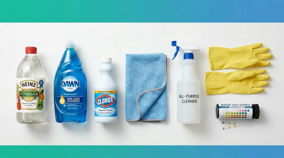 How to Remove Stains from Inflatable Hot Tub (2026) 1 Inflatable hot tub cleaning supplies including vinegar, Dawn soap, bleach, and microfiber cloth