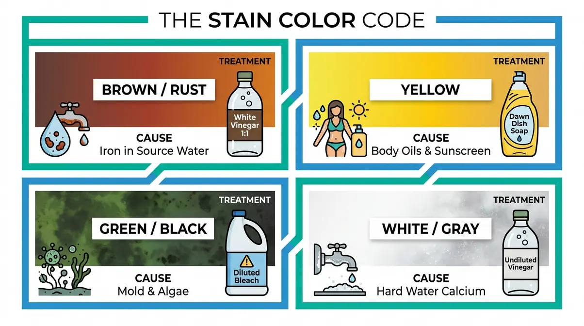 How to Remove Stains from Inflatable Hot Tub (2026) 3 Stain Color Code chart showing how to identify inflatable hot tub stains by color