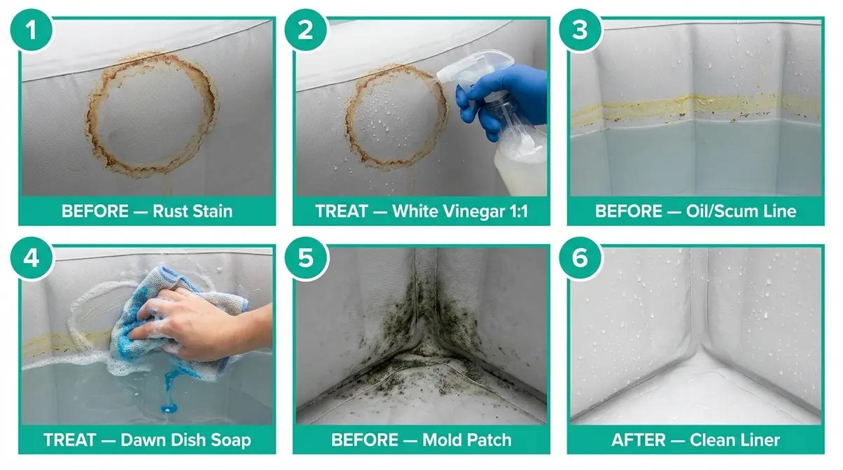 How to Remove Stains from Inflatable Hot Tub (2026) 4 Step-by-step cleaning walkthrough showing how to remove stains from an inflatable hot tub using vinegar and Dawn