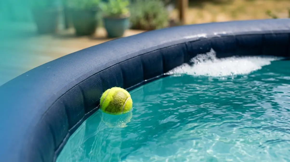 How to Remove Stains from Inflatable Hot Tub (2026) 7 Yellow tennis ball floating in inflatable hot tub absorbing body oils at the waterline