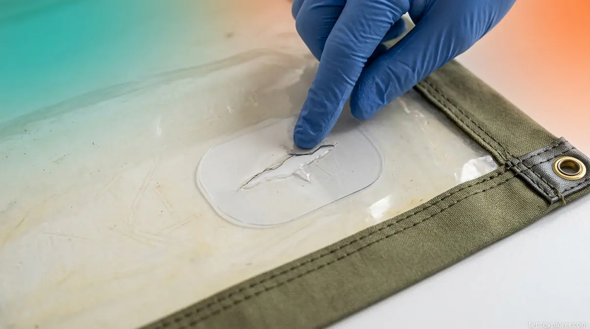 Repairing a clear vinyl tent window with Tenacious Tape patch applied to tear