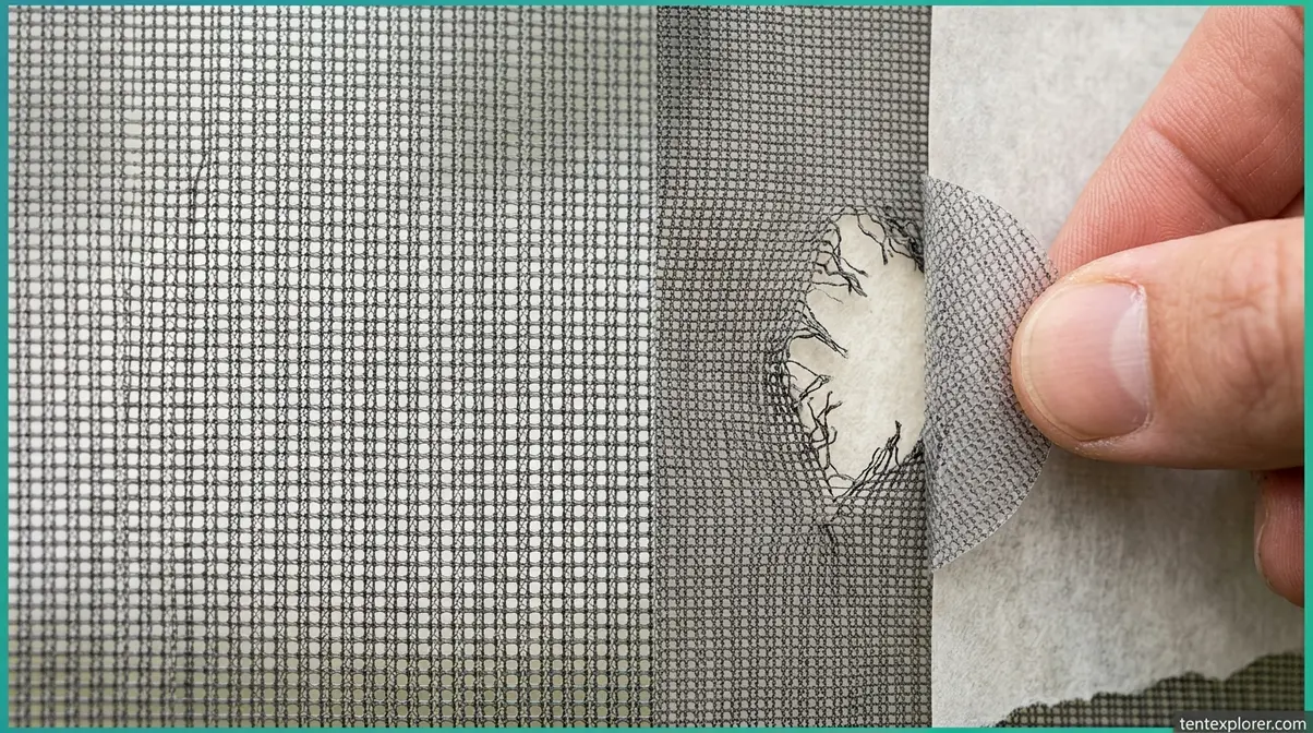 No-see-um mesh close-up showing fine weave structure and adhesive patch application technique