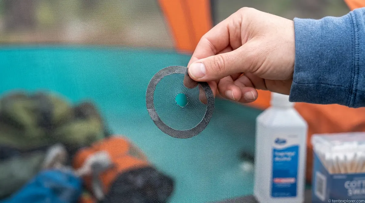 Repairing a torn tent mesh window with Tenacious Tape mesh patch on no-see-um screen