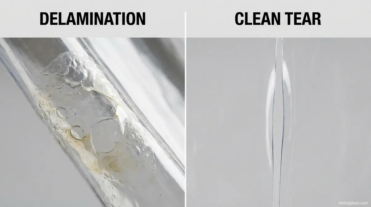 Tent window damage types delamination vs tear close-up comparison
