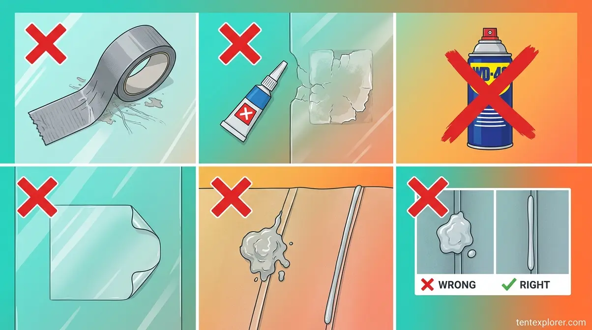 Common tent window repair mistakes including duct tape residue super glue and single-sided patches