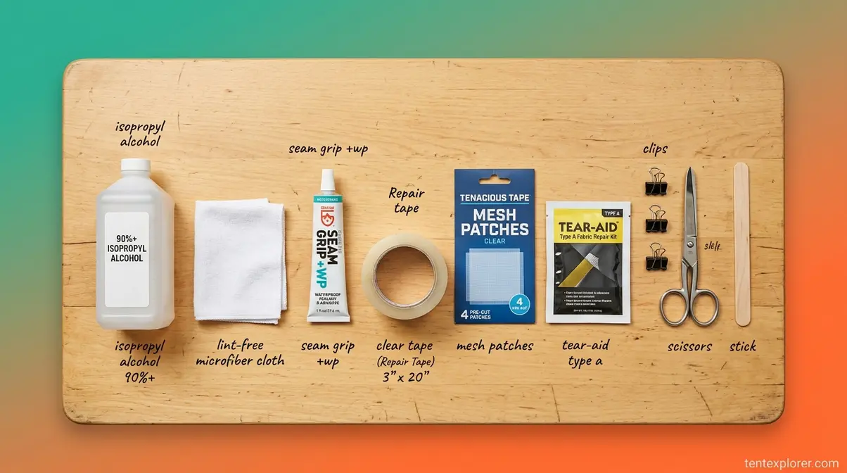 Tent window repair tools including seam grip tape patches scissors and isopropyl alcohol