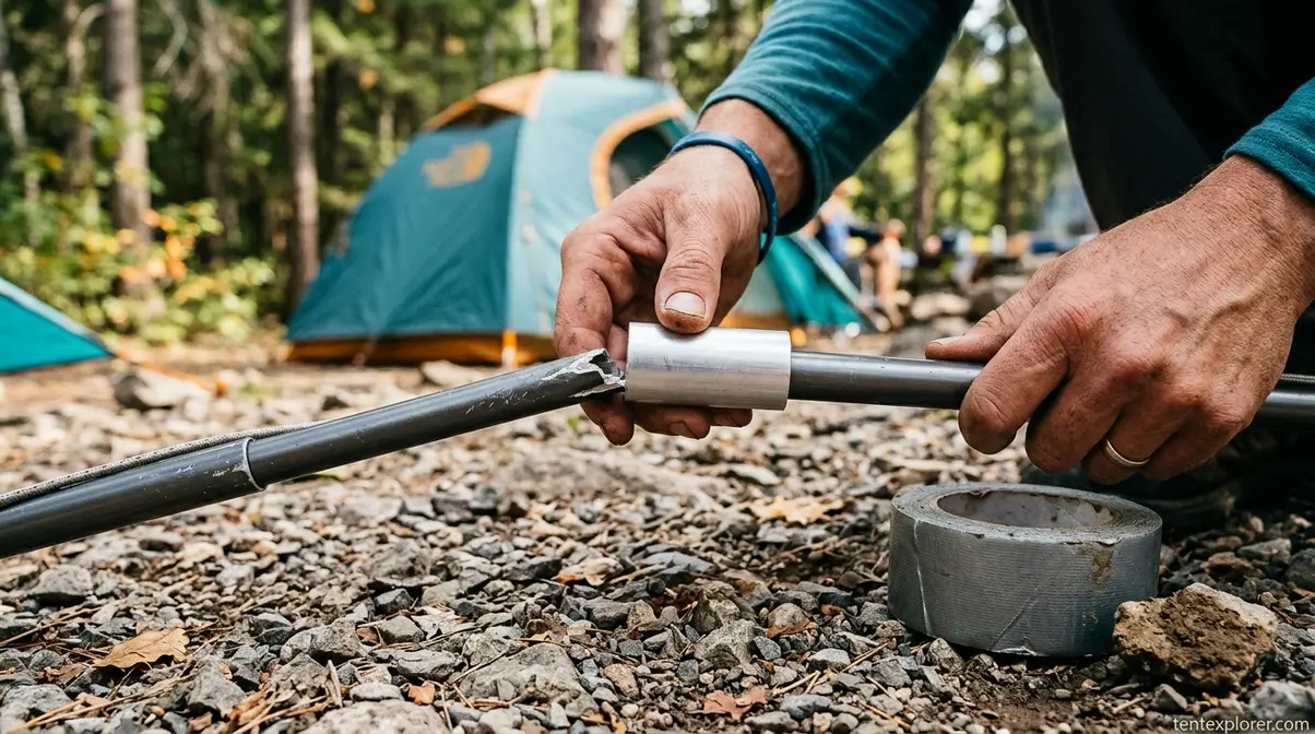 Sliding aluminum repair sleeve over broken tent pole to splint the break