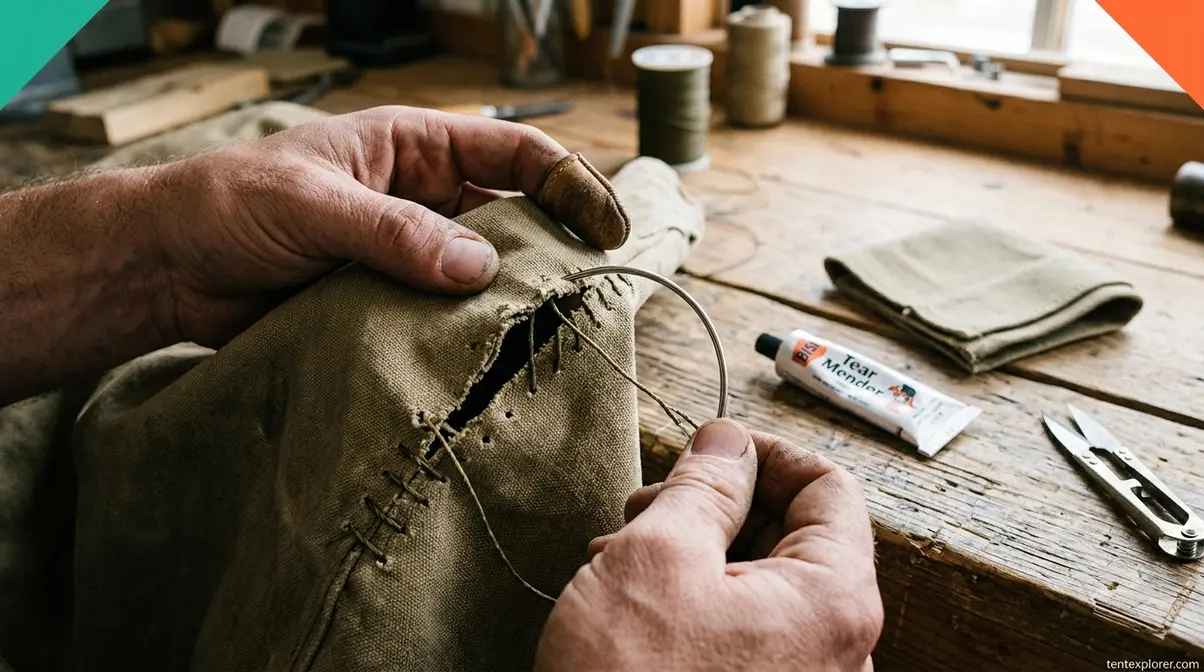 Sewing a canvas tent tear with heavy-duty needle and waxed polyester thread