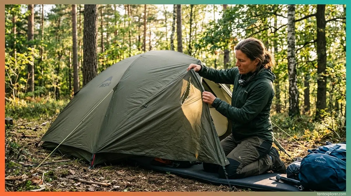 Camper inspecting tent fly tear damage before starting tent repair