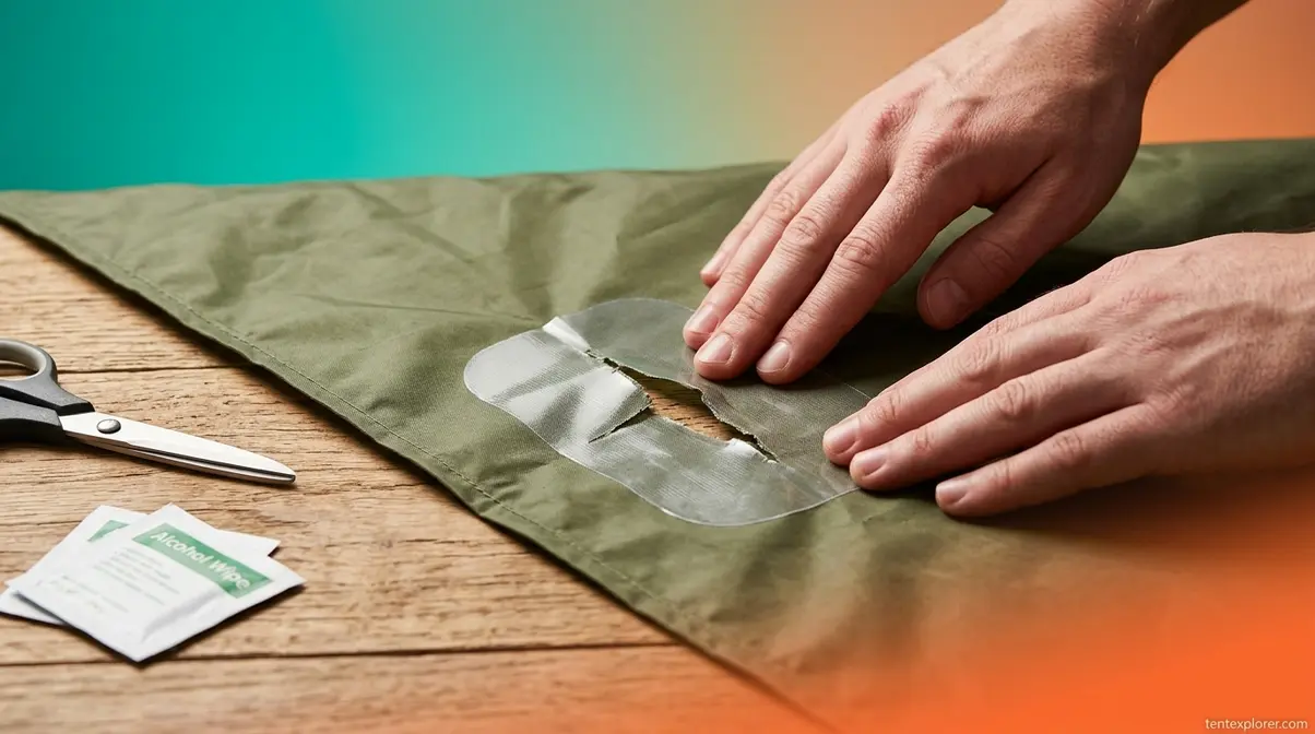 Hands applying Tenacious Tape patch to torn tent fabric during repair