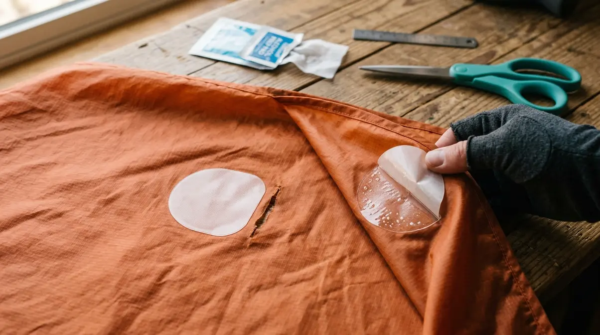 Tenacious Tape rounded-corner patch applied to both sides of a nylon tent fabric tear for waterproof repair