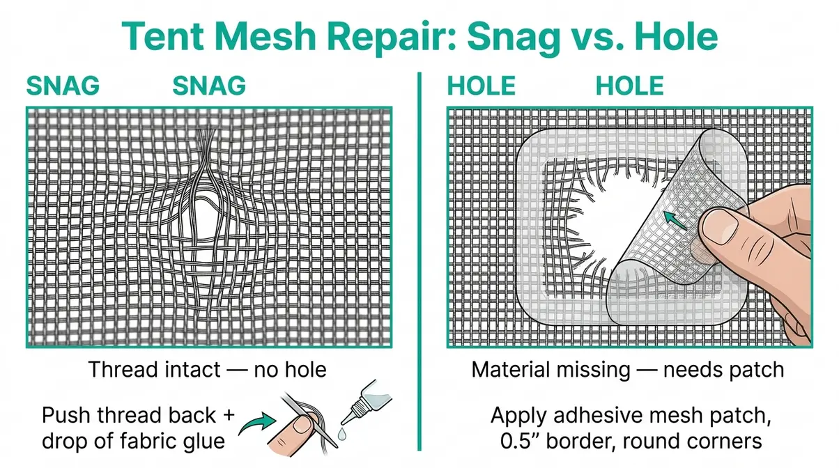 Side-by-side diagram comparing tent mesh snag versus hole repair with adhesive patch application method