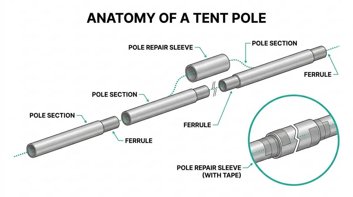 Annotated tent pole anatomy diagram showing ferrules, shock cord, pole sections, and pole repair sleeve placement