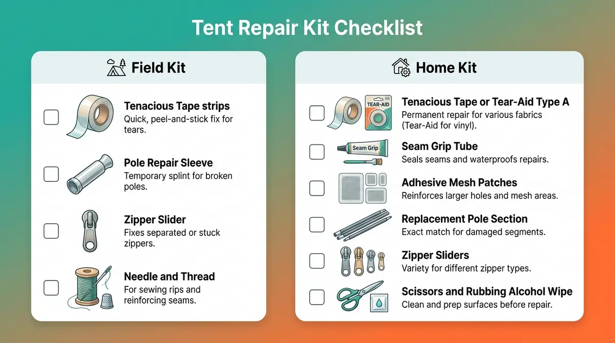 Tent repair kit checklist infographic showing field and home repair items including Tenacious Tape and pole sleeve