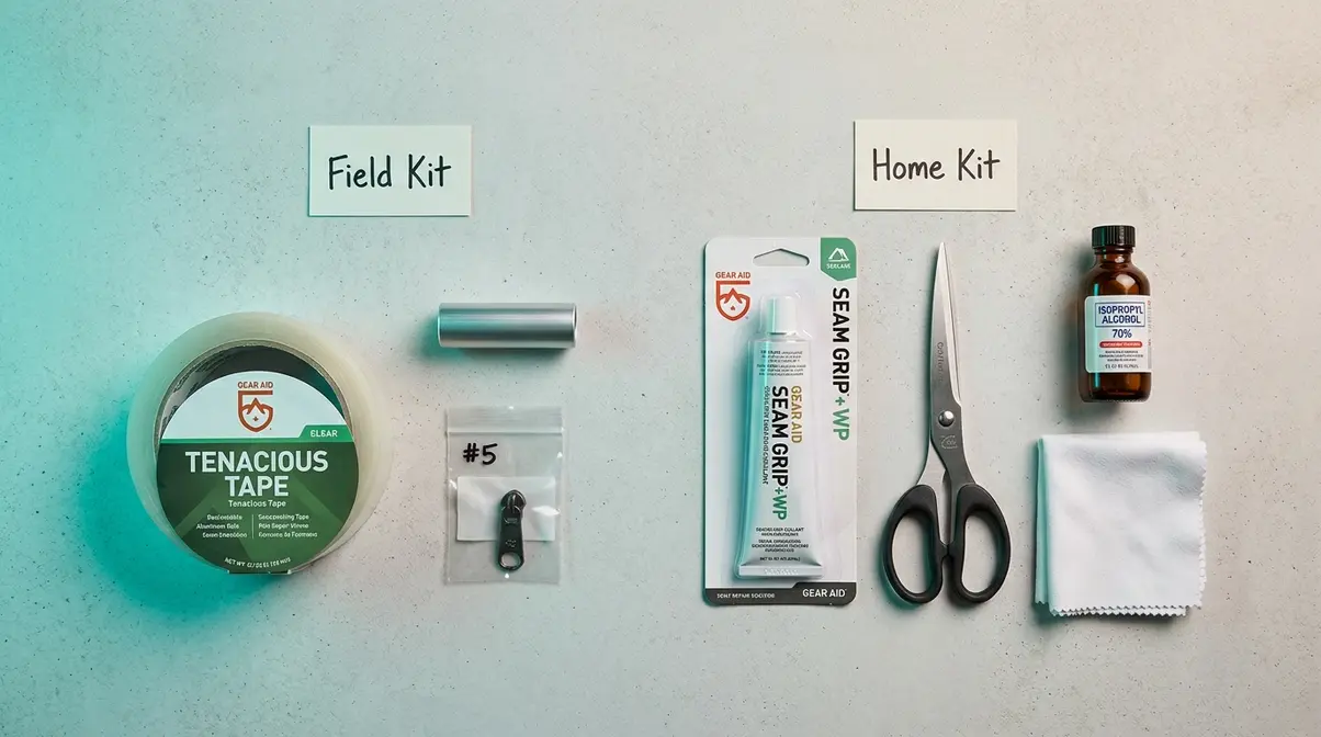 Tent repair materials flat-lay showing Tenacious Tape, pole sleeve, Seam Grip, and zipper slider for field and home kits
