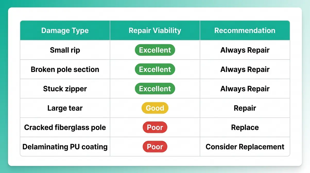 Tent repair versus replace decision matrix showing damage types, viability ratings, and repair recommendations