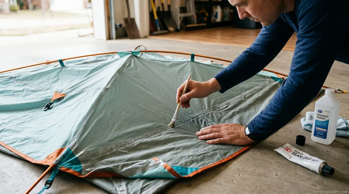 Applying seam sealer with brush along tent fly seam stitching to stop leaks