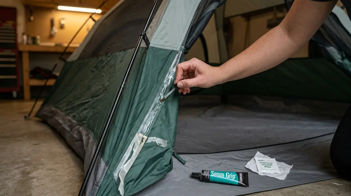 Seam Grip seam sealer being applied with a brush along the interior seam of a tent rainfly for waterproofing