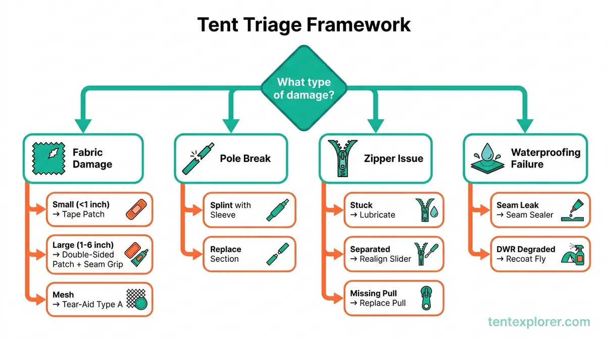 Tent Triage Framework flowchart for diagnosing tent damage before repair