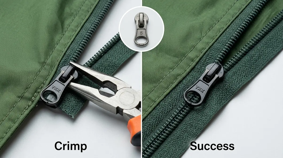 Needle-nose pliers crimping a YKK tent zipper slider to fix a separated zipper on green nylon tent fabric