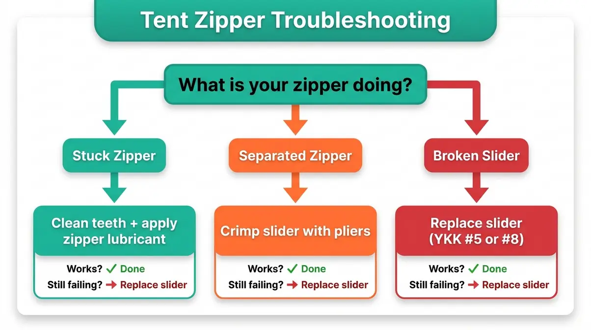 Flowchart for diagnosing tent zipper problems — stuck, separated, or broken slider with repair steps