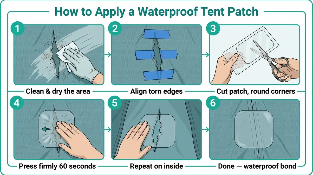 Step-by-step diagram showing how to repair a tent rip with rounded-corner waterproof tape patch on nylon fabric