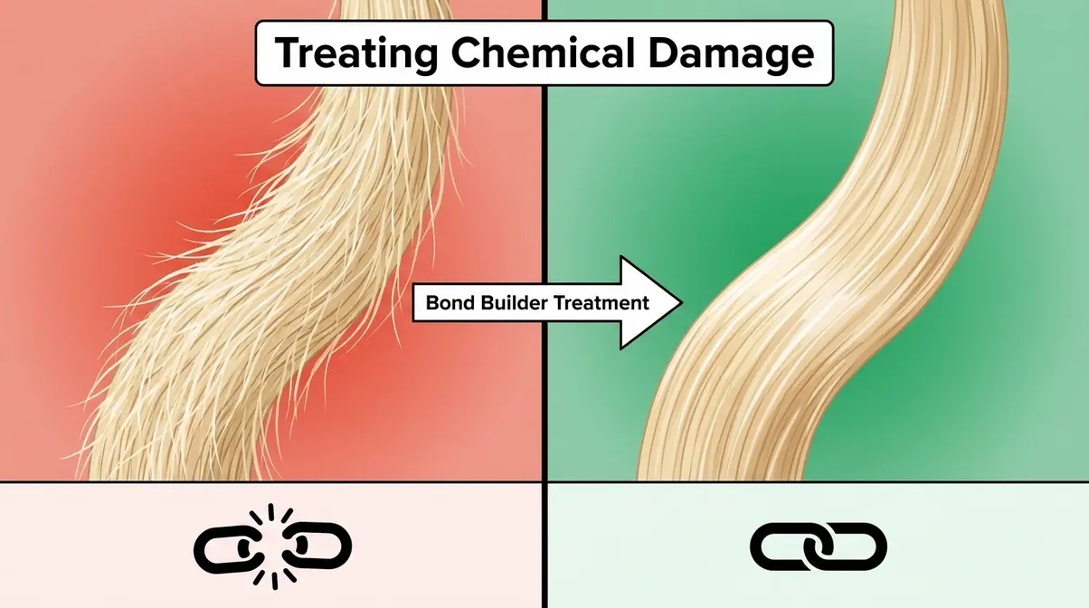 Chemical damage bleach and dye hair repair before and after bond builder treatment comparison