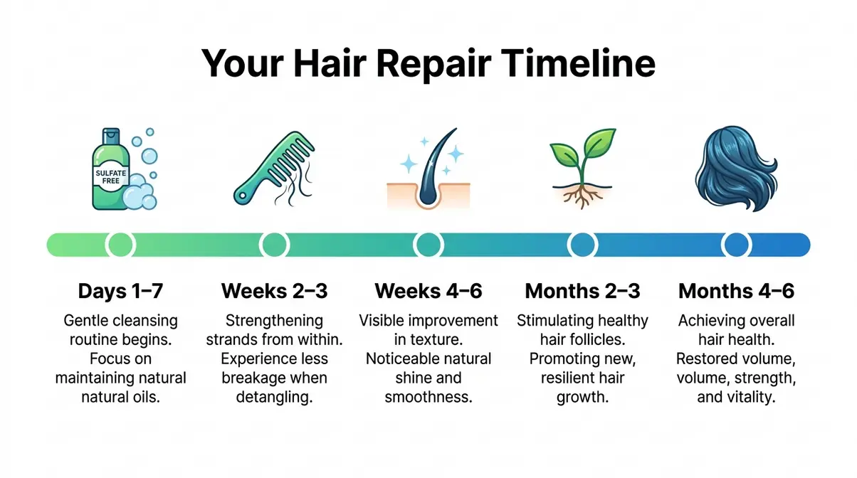 Damaged hair repair timeline showing expected results from days one through six months of consistent treatment