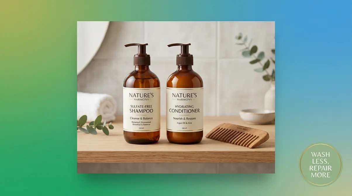 Sulfate-free shampoo and conditioner for damaged hair washing routine upgrade on bathroom shelf