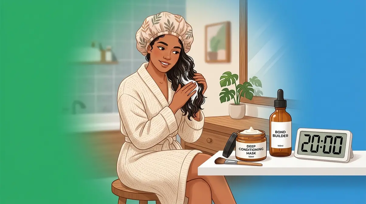 Deep conditioning hair mask application with shower cap for bond rebuilding damaged hair treatment