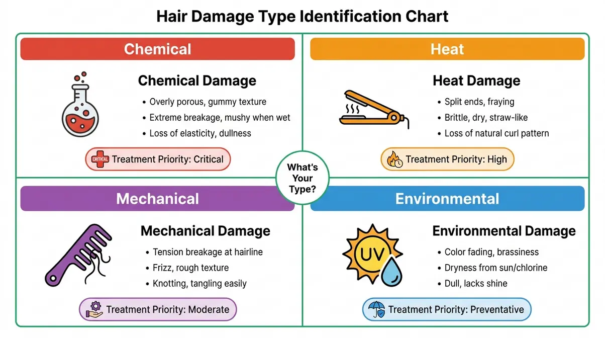 Four types of hair damage identification chart showing chemical heat mechanical and environmental symptoms