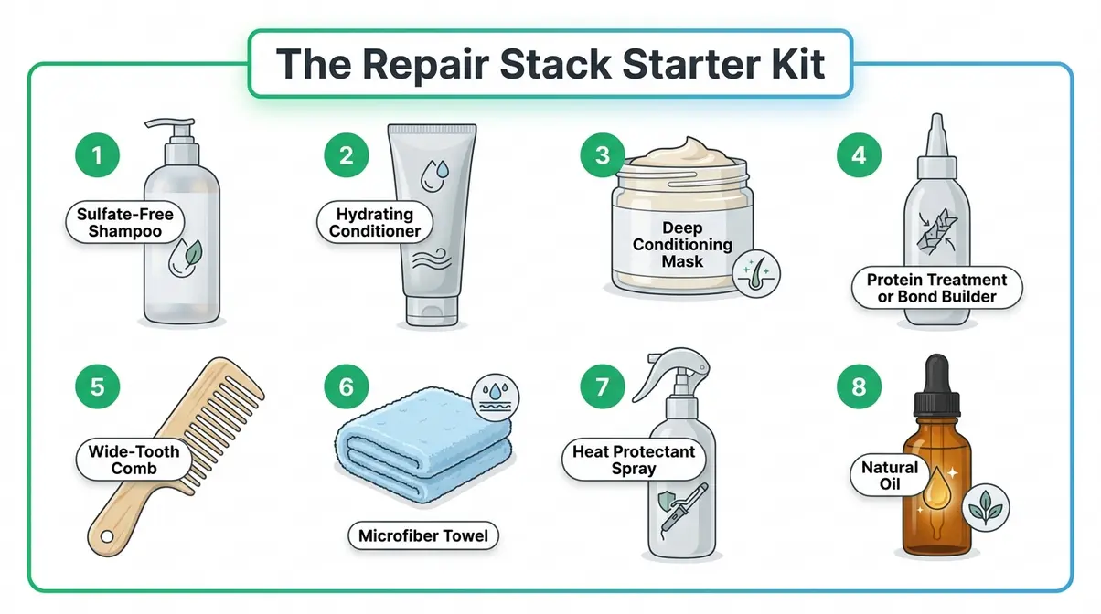 How to repair damaged hair starter kit showing eight essential tools and products labeled