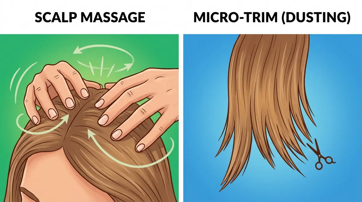 Scalp massage and micro-trim dusting for follicle health and split end management in damaged hair repair
