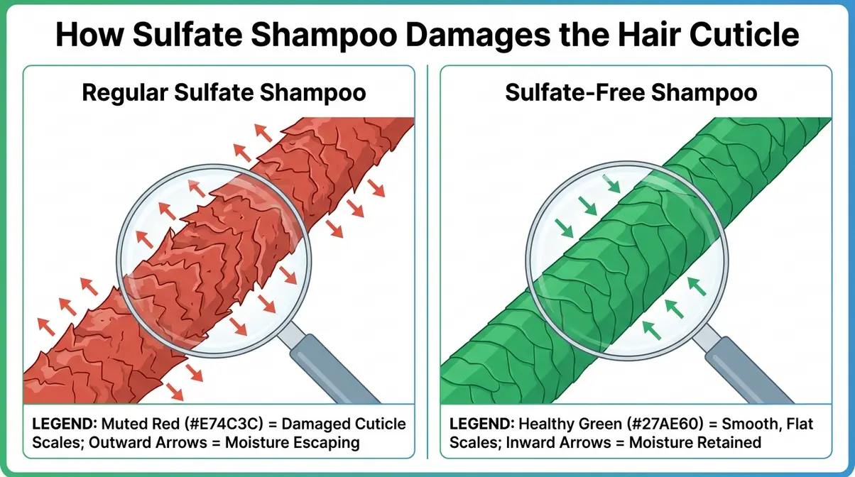Sulfate-free shampoo versus regular shampoo hair cuticle comparison showing raised versus smooth scales