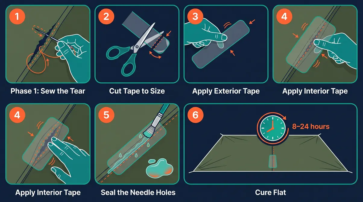 Sequential six-panel diagram showing the hybrid tent seam rip repair process: sewing, taping, and applying liquid seam sealer