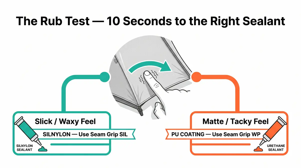 Diagram showing The Rub Test finger pressure on tent fabric with labeled Silnylon and PU coating results for tent seam repair