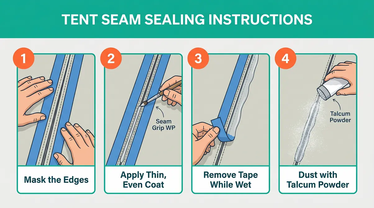 Step-by-step diagram showing brush application of Seam Grip WP liquid seam sealer to PU-coated tent interior stitching
