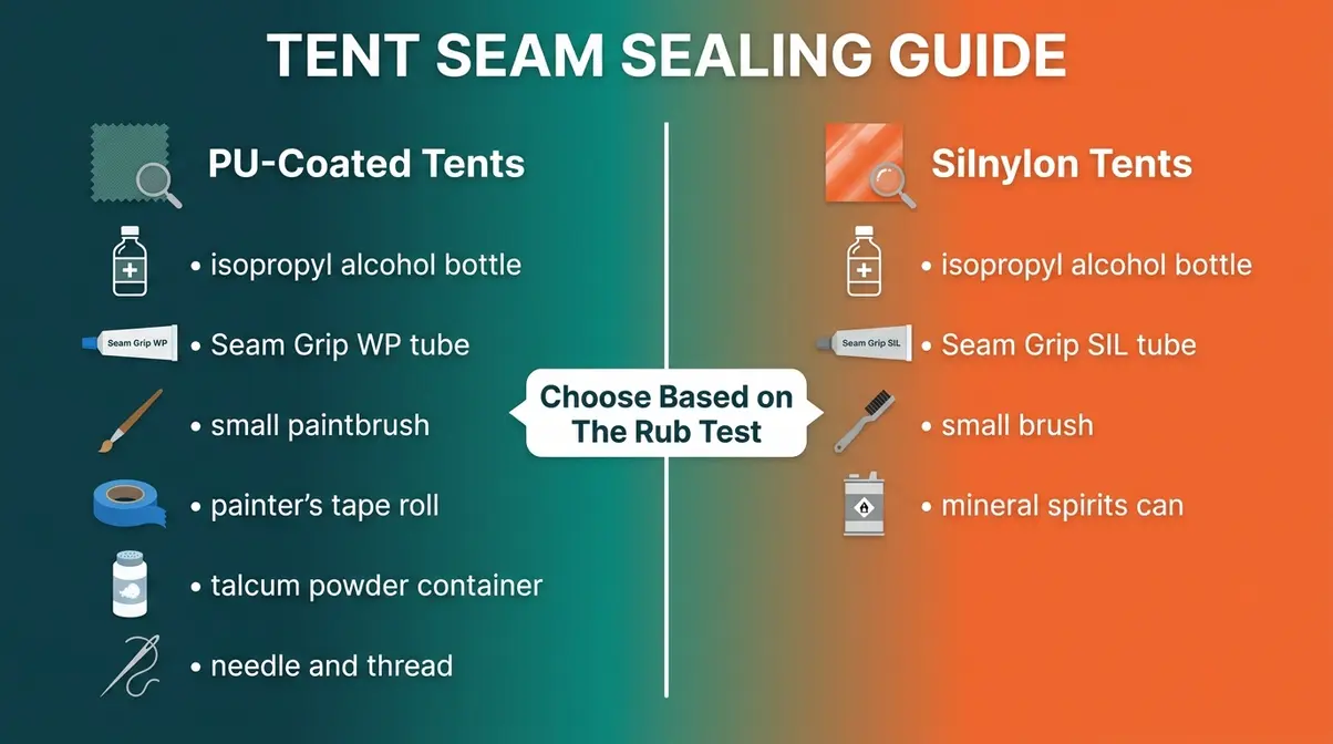 Two-column infographic comparing PU-coated tent repair tools versus Silnylon tent repair products for tent seam repair