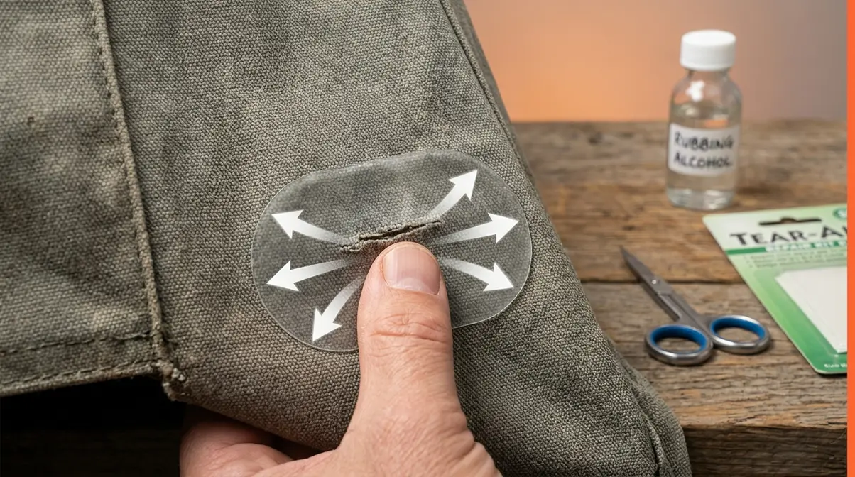 Applying oval adhesive patch to tent trailer canvas tear pressing from center outward for lasting repair